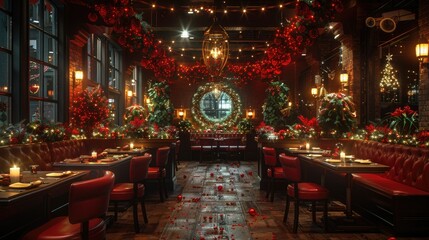 Luxurious restaurant adorned with Christmas decorations, red booths, and scattered petals on the floor.