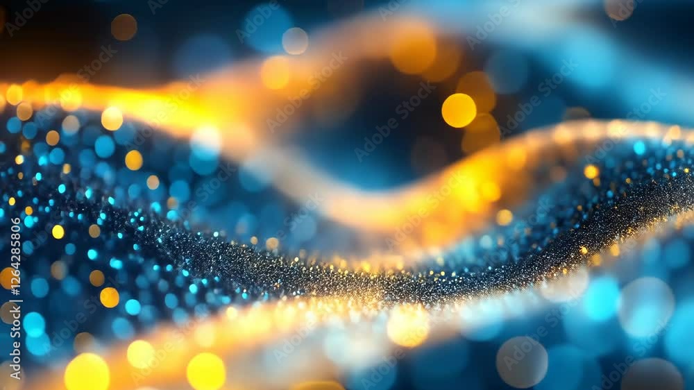 Poster dynamic glowing particles creating abstract waves with blue and orange bokeh