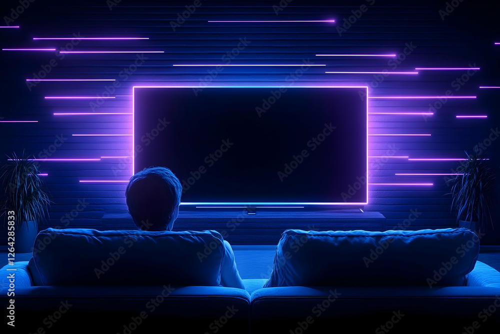 Poster man viewing bright tv with violet neon lights on wall for entertainment use generative ai