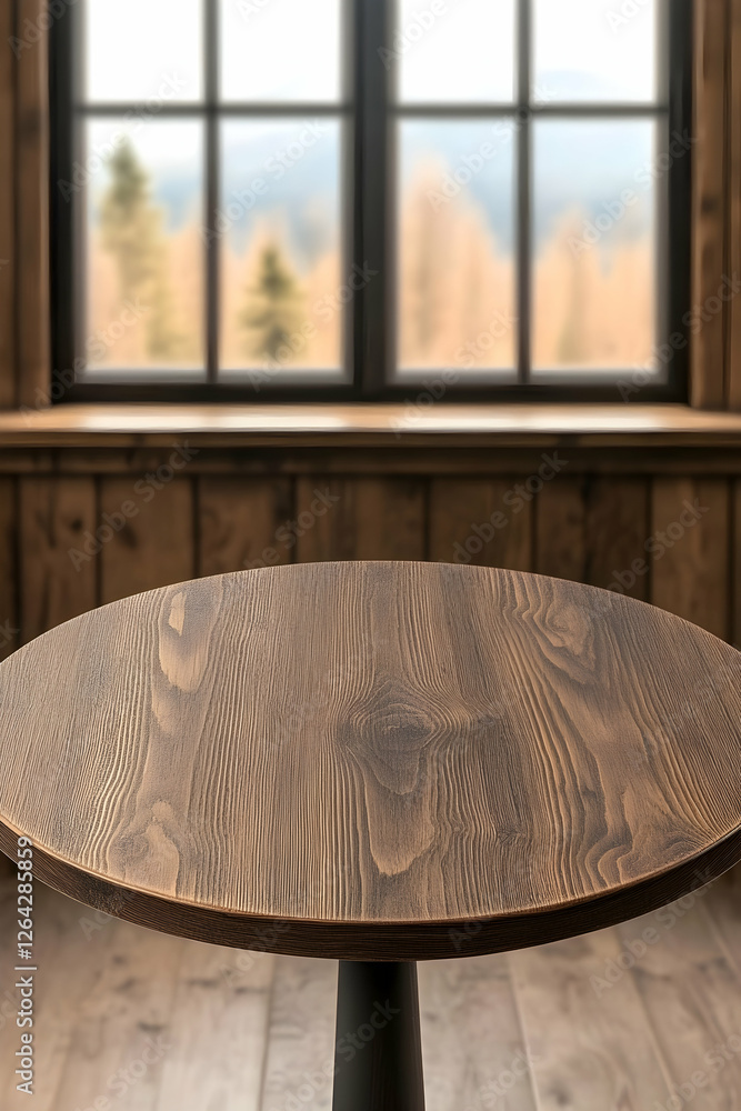Poster brown table near window overlooking fall forest. use for product mockups generative ai