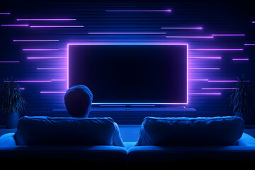 Man viewing bright TV with violet neon lights on wall for entertainment use generative AI