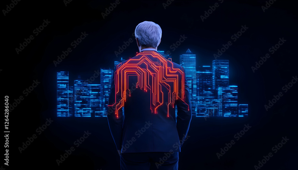 Poster man with circuitry on back in front of cityscape concept of future business generative ai