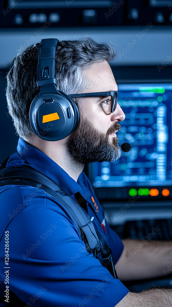 Poster man with headset works on control console, focused, monitoring in dark workplace generative ai