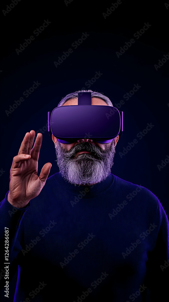 Poster man with vr headset gesturing in a dark futuristic background for simulation concept generative ai