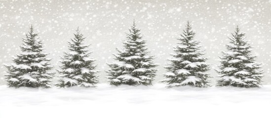 Obraz premium Snowy landscape Four snow-covered pines under snowfall. Winter holiday card background