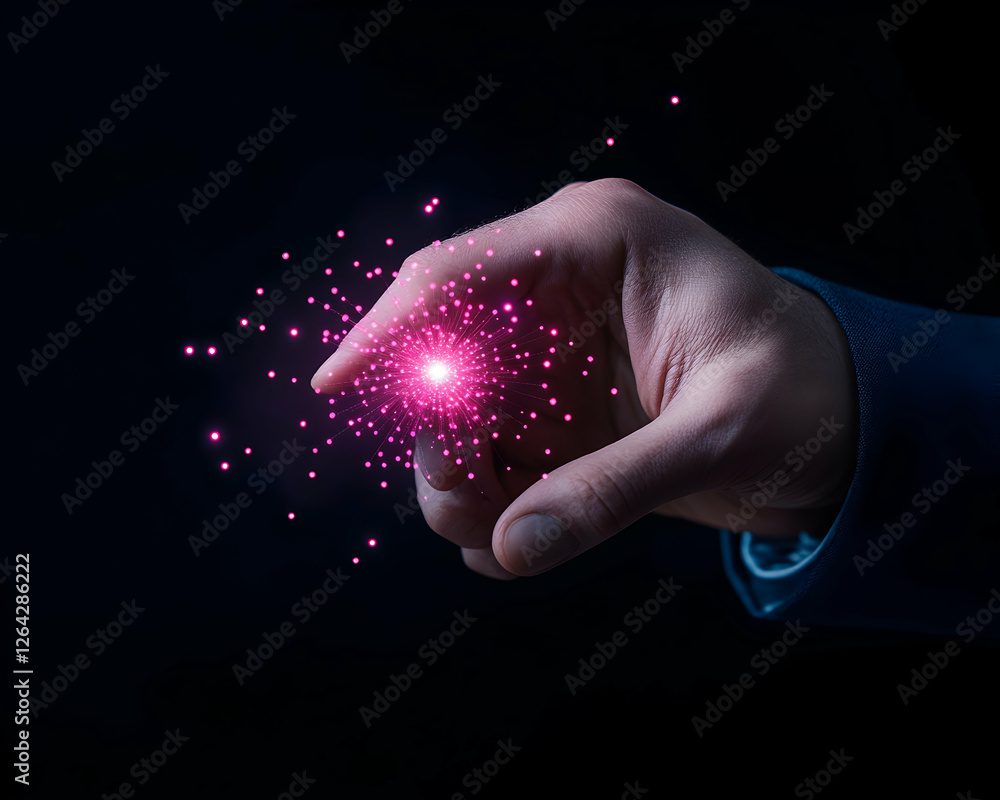 Poster man's hand touching digital glowing particles on black. ai technology concept generative ai