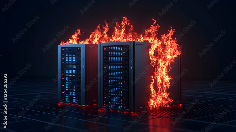 Poster burning servers ablaze on grid floor. data loss or cyber attack. tech concept generative ai