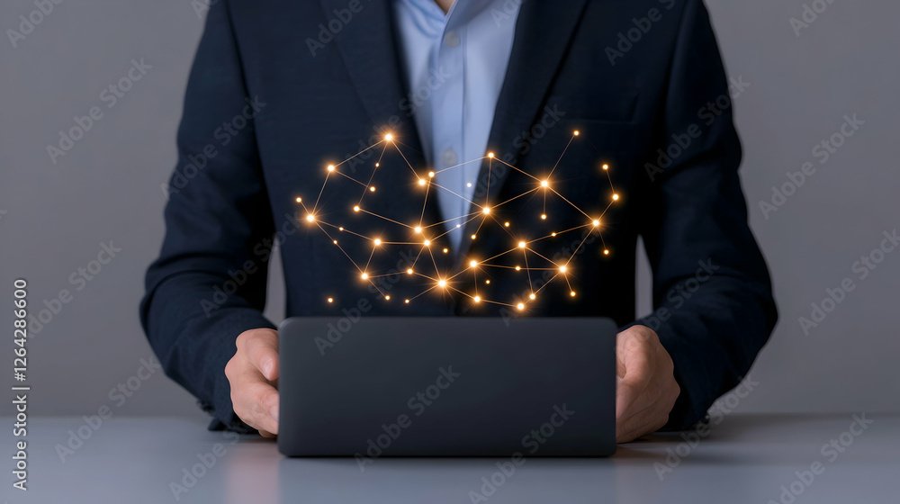 Poster businessman with tablet displaying connection network for corporate solutions generative ai