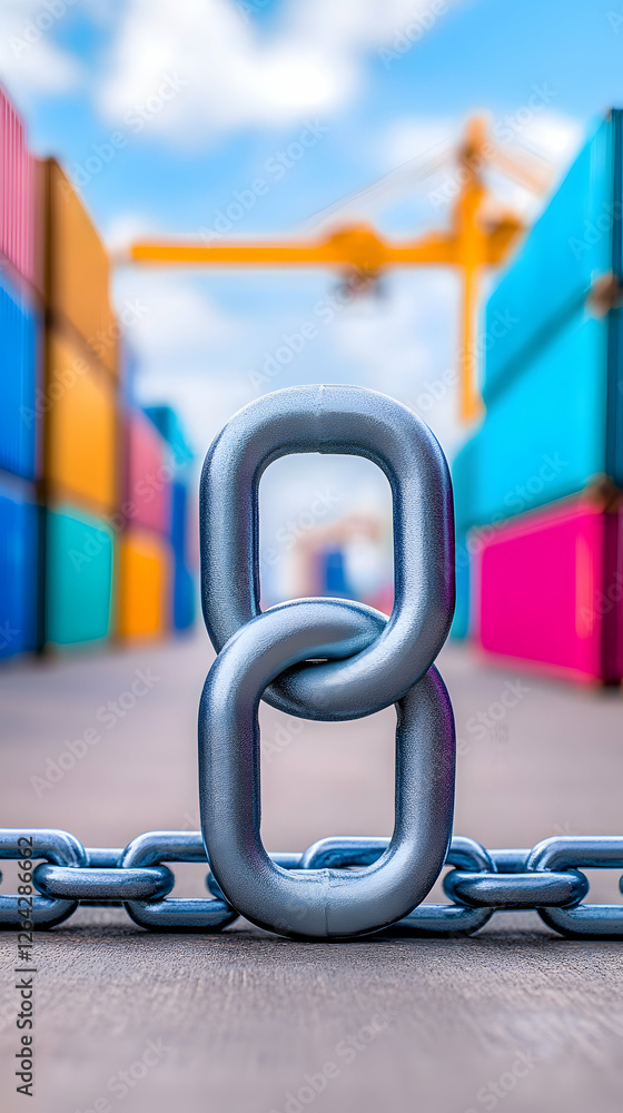 Poster metal chain links in focus on deck with colorful cargo containers in background generative ai