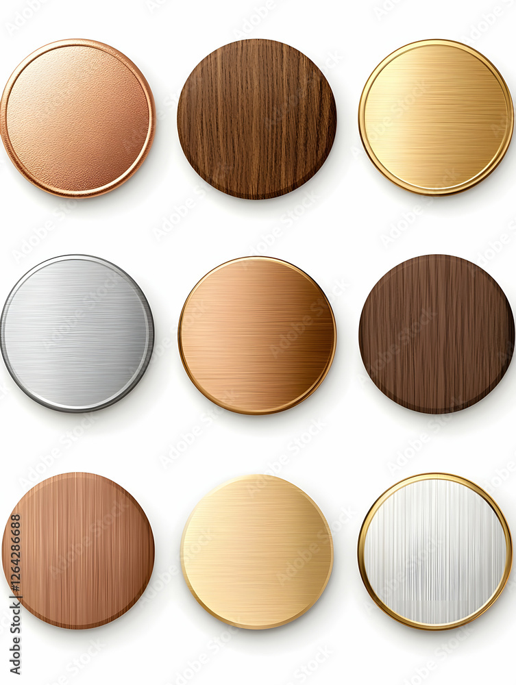 Poster metallic and wooden round labels placed on a white background for visual presentation generative ai