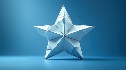 A blue origami star sits prominently against a soft blue background, showcasing intricate folds