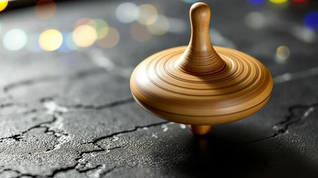 Mesmerizing wooden spinning top in motion on a textured surface with ambient lights