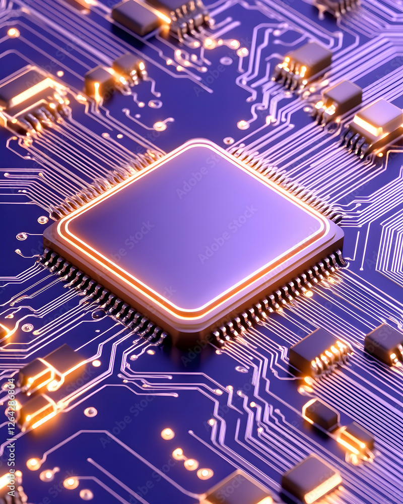 Poster microchip glows on circuit board in detailed close-up, showcasing tech innovation generative ai