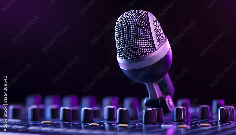 Poster microphone on a sound mixer in studio for recording or broadcasting audio sound generative ai