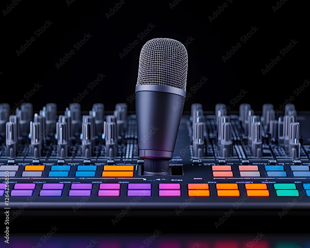 Poster microphone on audio mixer being used in a professional recording studio setting generative ai