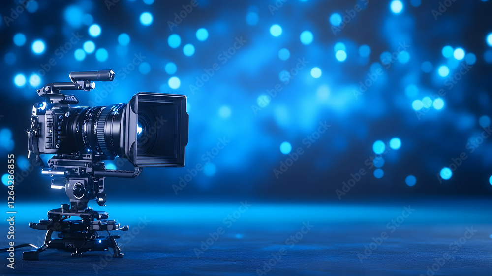 Poster camera on a tripod in a studio with a blurred background, for media production generative ai
