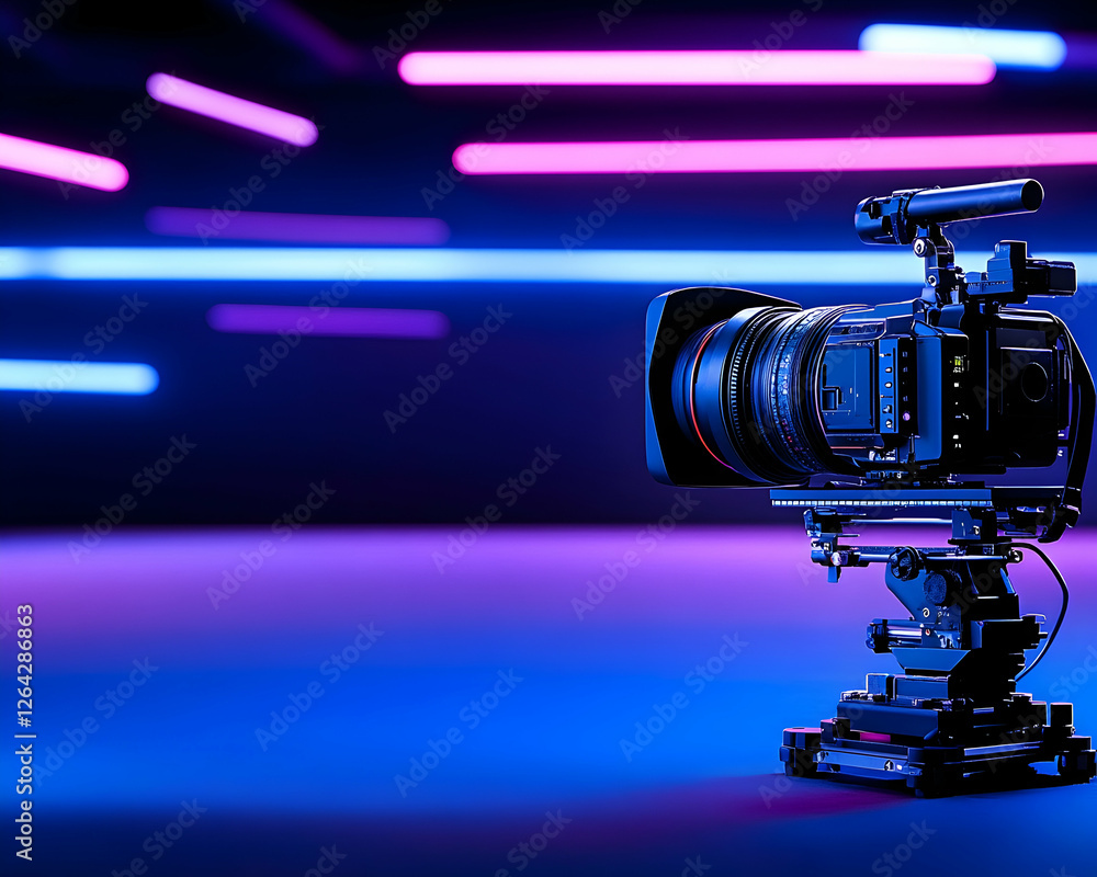 Poster camera on tripod in studio, neon lines in background. for filmmaking or media generative ai