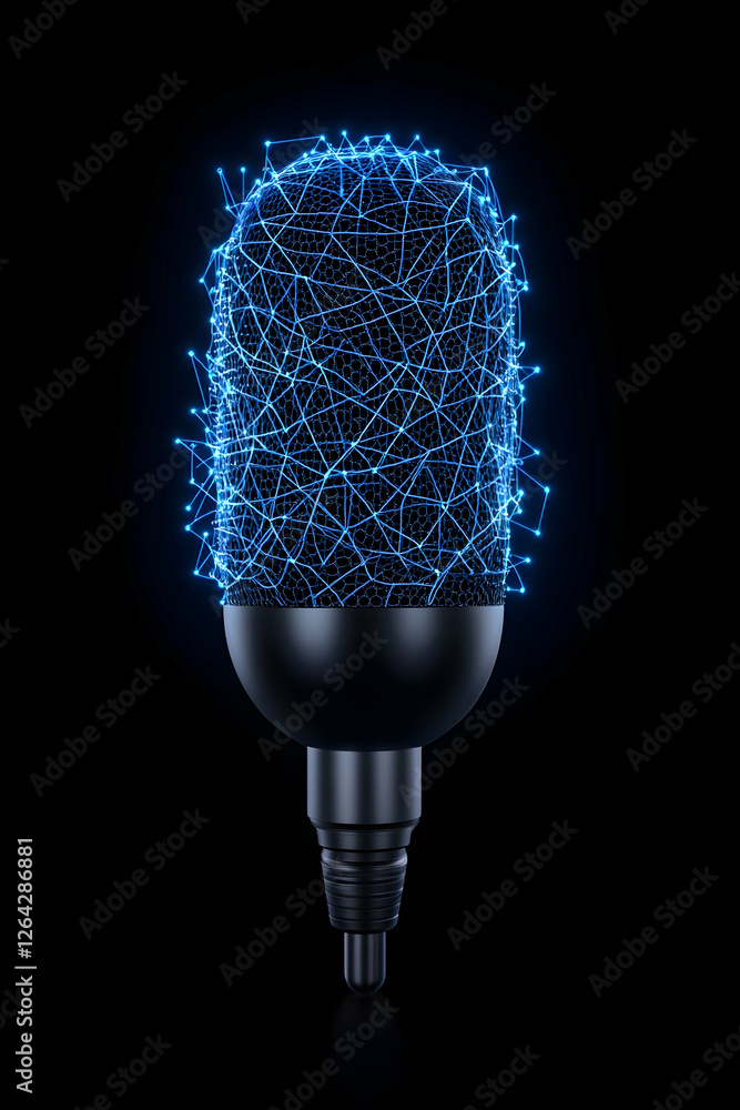 Poster microphone with connected dots, representing communication on a dark background generative ai