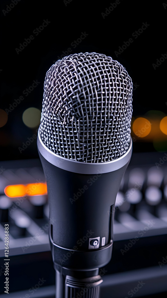 Poster microphone recording audio in a studio setting with sound board, for media generative ai