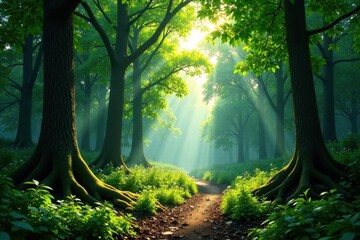 Obraz premium Sunlight filtering through the canopy of a dense forest, light, nature, landscape