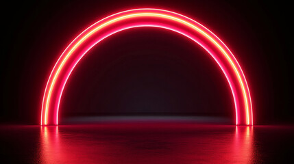 Red led light tunnel on black background. Vector realistic illustration of abstract neon arch illumination glowing on dark stage, laser beam corridor for nightclub decoration, futuristic cyber space