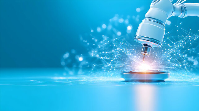 Microscope analyzes data in lab. Futuristic blue background. Research, medical use generative AI