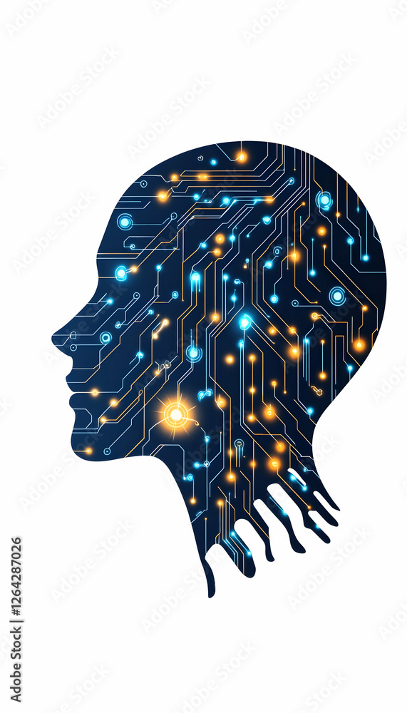 Poster mind circuit head silhouette displays digital network connections concept use generative ai