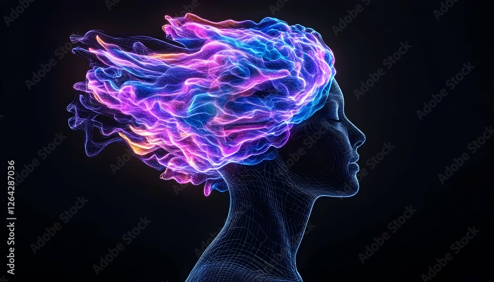 Poster mind woman with flowing bright thoughts. abstract background. visual for wellbeing generative ai