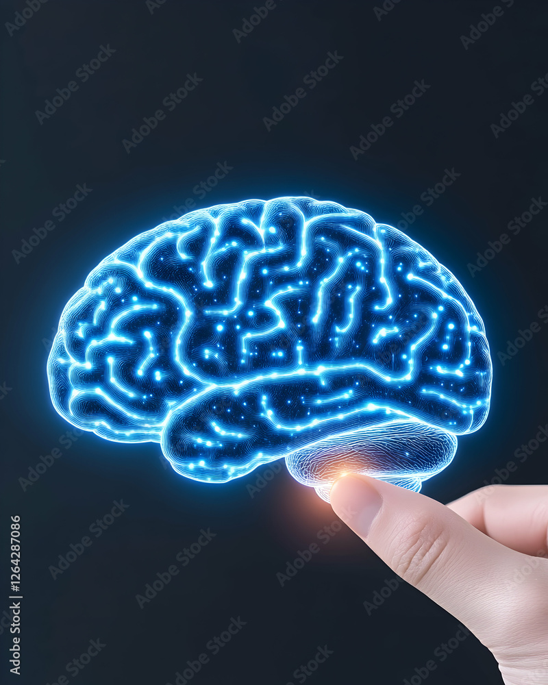 Aufkleber mind control concept. person holding luminous brain model on a dark background generative ai