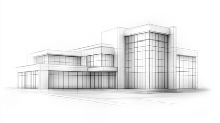 Detailed architectural drawing of a modern building on white background, design and construction visualization