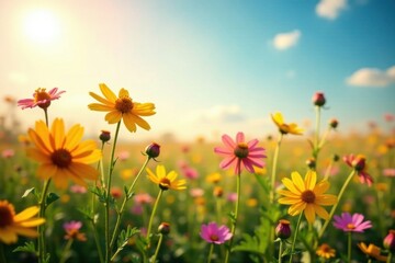 Obraz premium sunlit field of wildflowers swaying gently in wind , organic, serenity, nature
