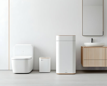 Minimalist white bathroom with toilet, bin, & air purifier; clean, bright, for design generative AI
