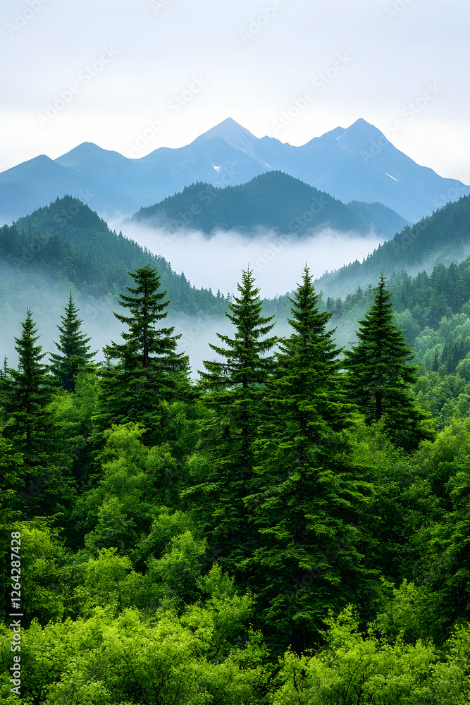 Poster mist settles over mountain range forested with evergreens for nature scene stock image generative ai