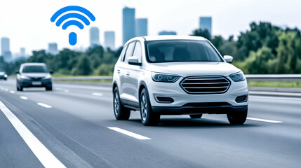 Modern car on highway driving safely with city background, for transportation sales generative AI
