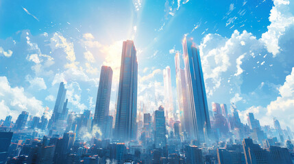 City downtown landscape with modern skyscraper buildings in in sunny day under blue sky with clouds. Cartoon vector illustration of cityscape with high rise architecture on skyline. Urban town street.