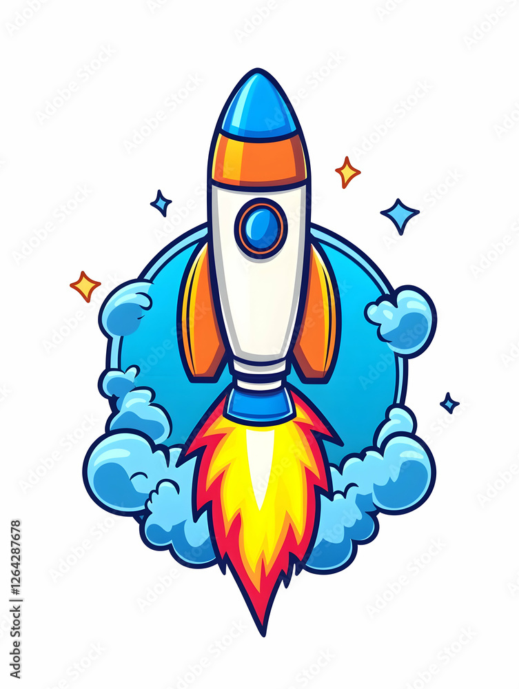 Poster cartoon rocketship launching into space. blue clouds and stars in the background. possible use icon 