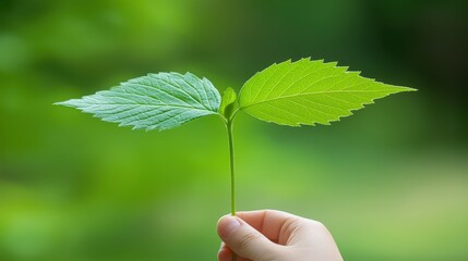 Hand holding a vibrant green leaf, closeup of nature's delicate beauty and sustainable growth