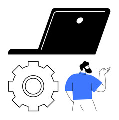 Person gesturing with hand near large gear and laptop, symbolizing technology, innovation, management, and digital workflow. Ideal for teamwork, project planning, IT services, tech training digital