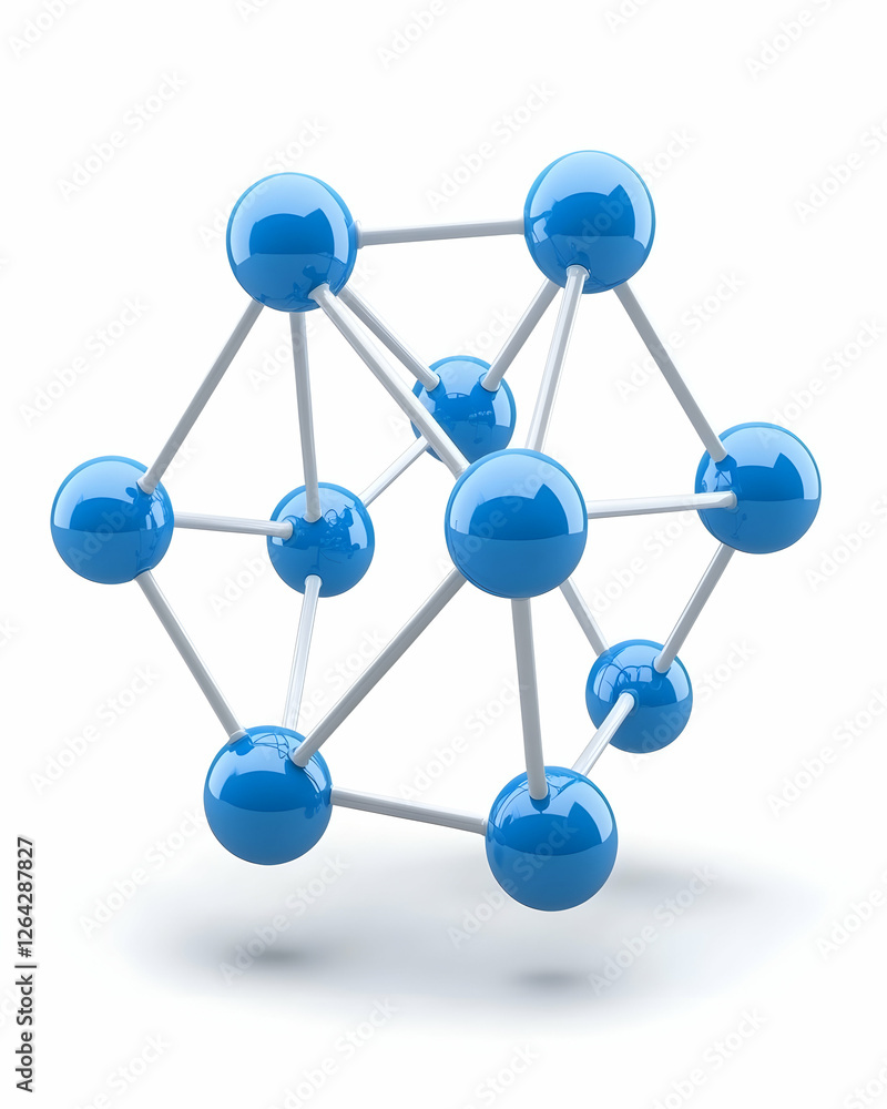 Poster molecular structure model with blue spheres and white links on white background generative ai