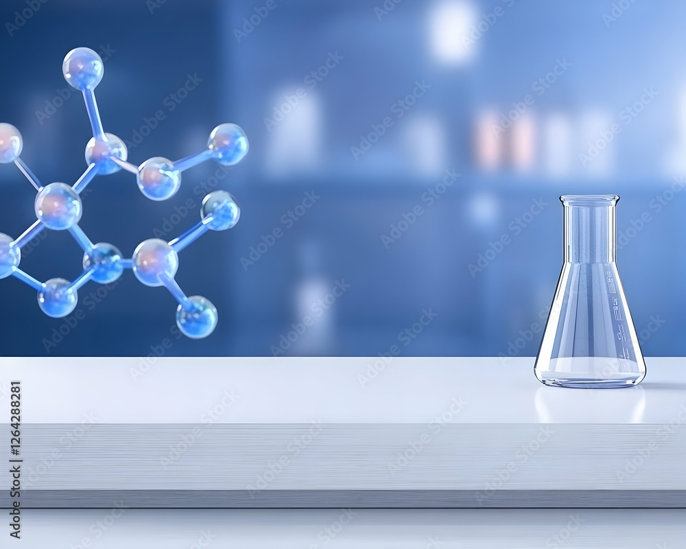 Aufkleber chemistry science experiment, molecule and flask on counter, blurry lab background generative ai