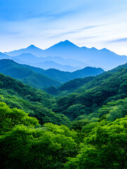 Obraz premium Mountain range covered in green forest under blue sky, natural beauty for background generative AI
