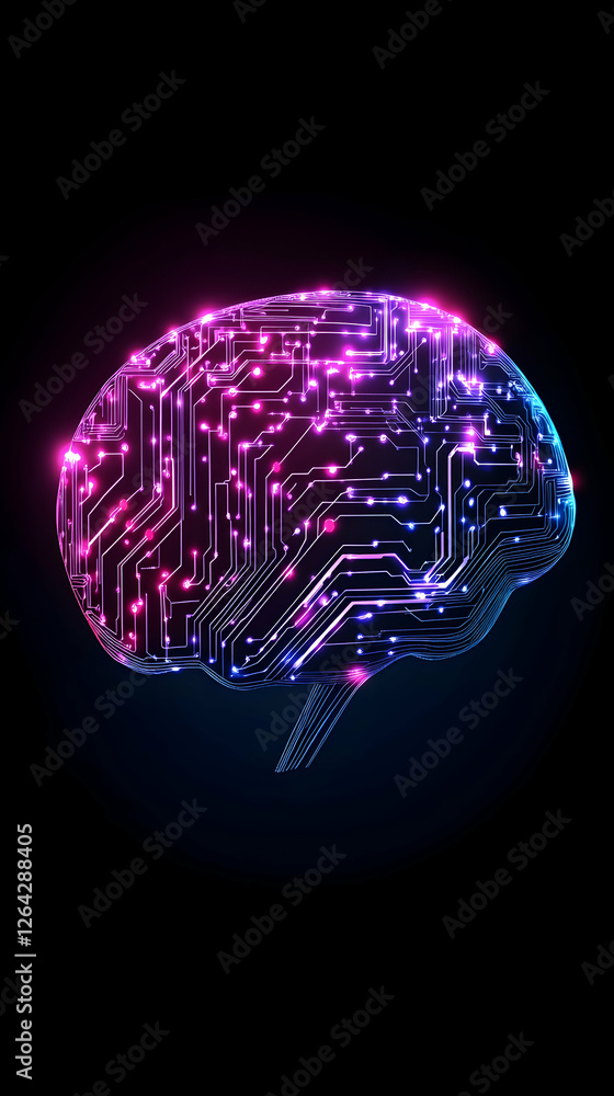 Poster neon brain symbolizing ai, machine learning. innovation technology background generative ai