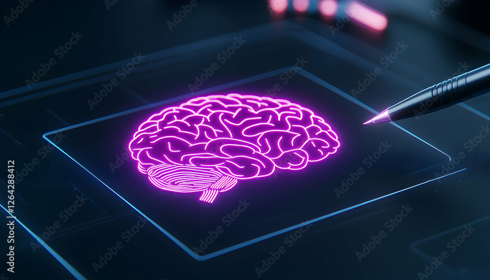Poster neon brain glowing on screen, being touched with pen, for study or tech use generative ai