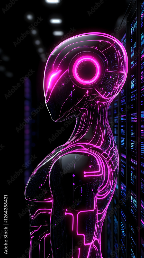 Poster neon cyborg stands near servers. possible use illustration of future technology generative ai