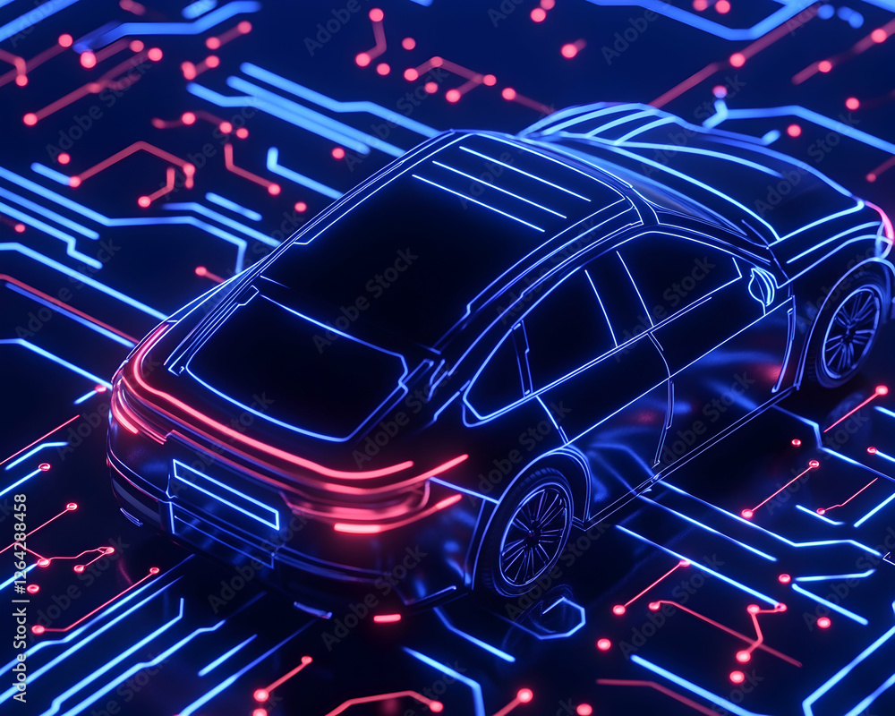 Aufkleber neon car on circuit board. car design. artificial intelligence tech background generative ai