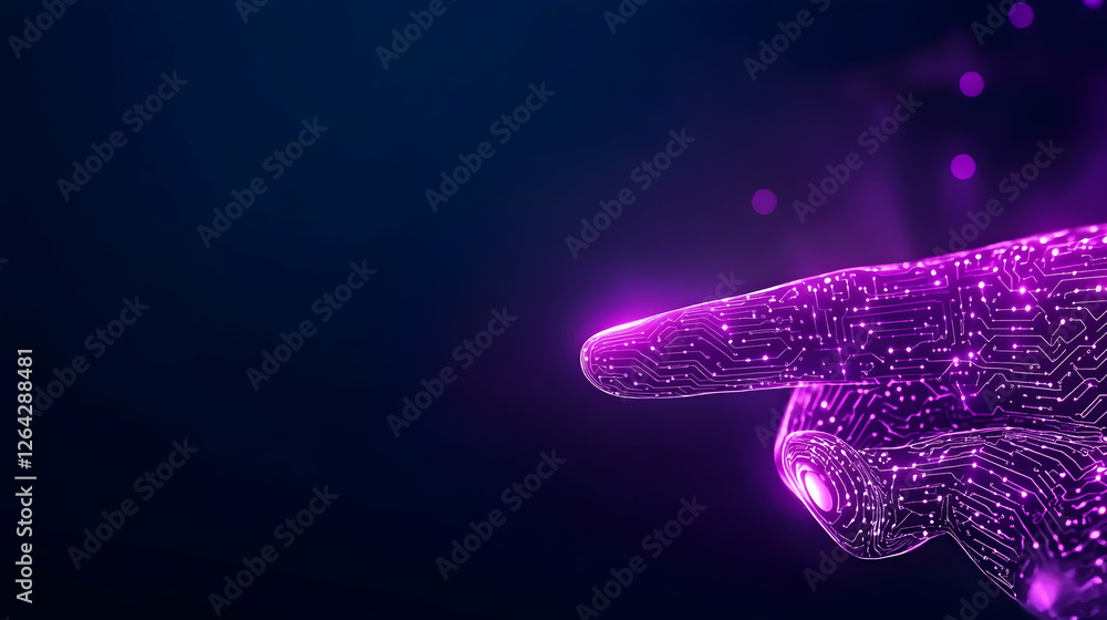 Aufkleber neon hand presses virtual button, dark background. tech concept for future use generative ai