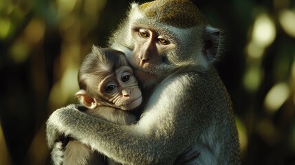 Monkey mother cradling baby, jungle sunlight, wildlife conservation