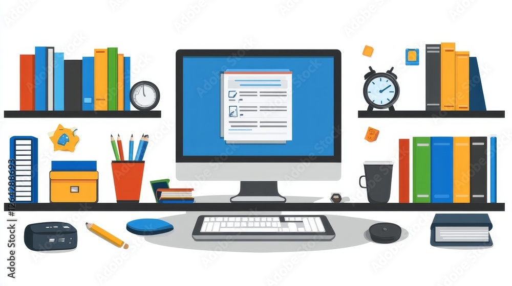 Poster illustration of desk with a computer and books for study or work in a flat design isolated against a