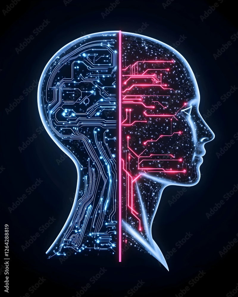 Poster circuit head, halves of intellect, for mind tech, brain power, learning concept generative ai