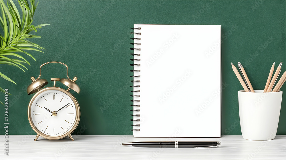 Poster notebook & gold clock stand on desk against green wall; blank space for mock-up generative ai